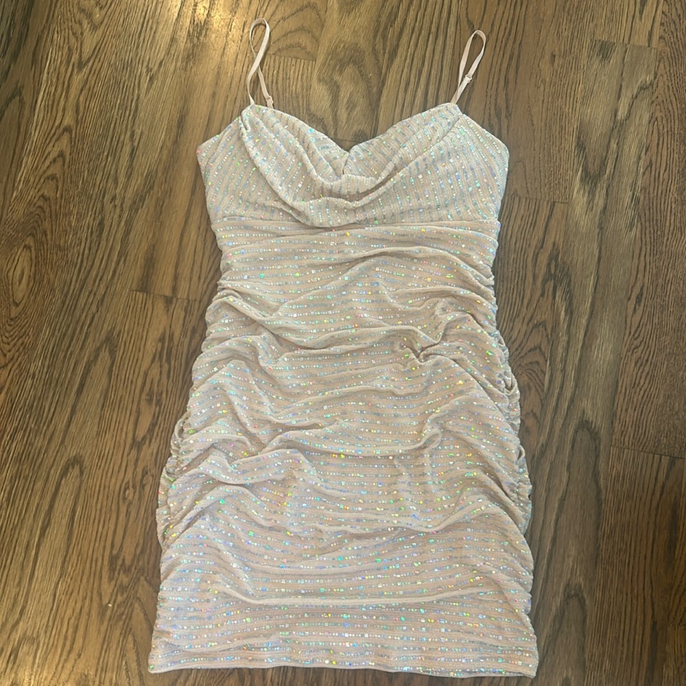 Honey and Rosie champagne colored bodycon dress.